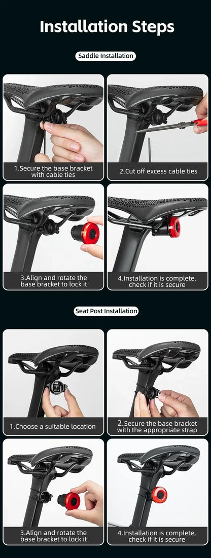 Installation steps for Smart Bike Tail Light – USB-C Rechargeable LED Rear Bicycle Light | IPX6 Waterproof Safety Light.