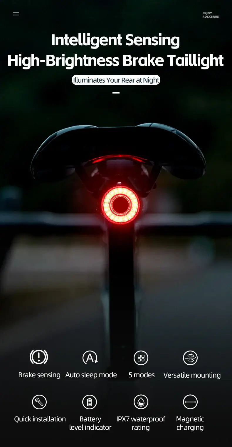 Smart Bike Tail Light – USB-C Rechargeable LED Rear Bicycle Light | IPX6 Waterproof Safety Light for Night Riding & Cycling