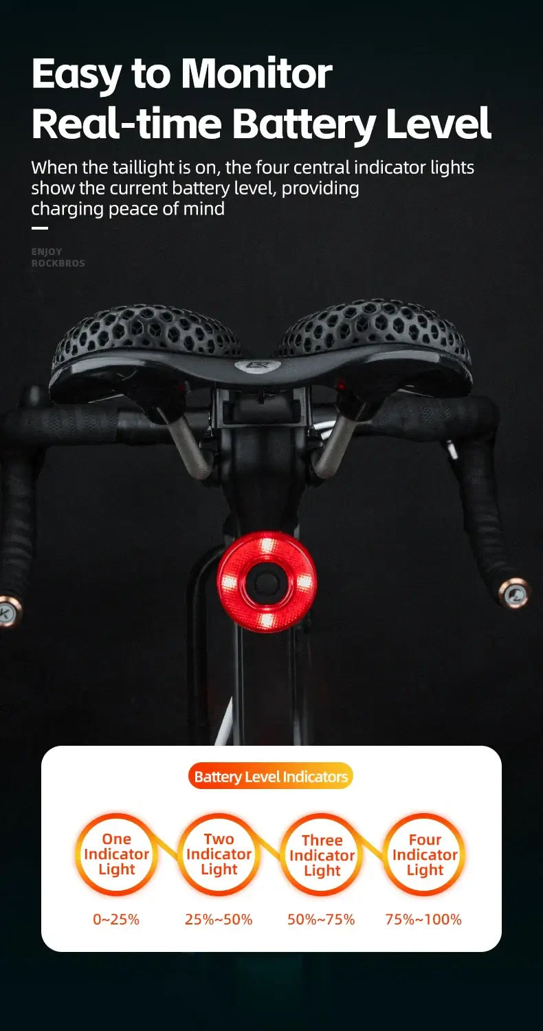 Smart Bike Tail Light – USB-C Rechargeable LED Rear Bicycle Light | IPX6 Waterproof Safety Light for Night Riding & Cycling battery level indicator