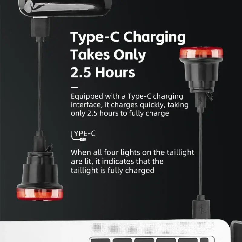Smart Bike Tail Light – USB-C Rechargeable LED Rear Bicycle Light | IPX6 Waterproof Safety Light for Night Riding & Cycling Type-C charging time of 2.5 hours.