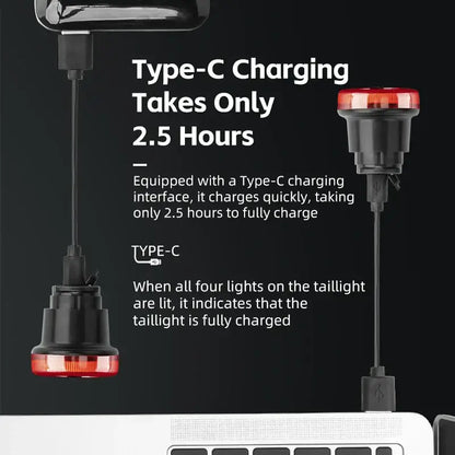 Smart Bike Tail Light – USB-C Rechargeable LED Rear Bicycle Light | IPX6 Waterproof Safety Light for Night Riding & Cycling Type-C charging time of 2.5 hours.