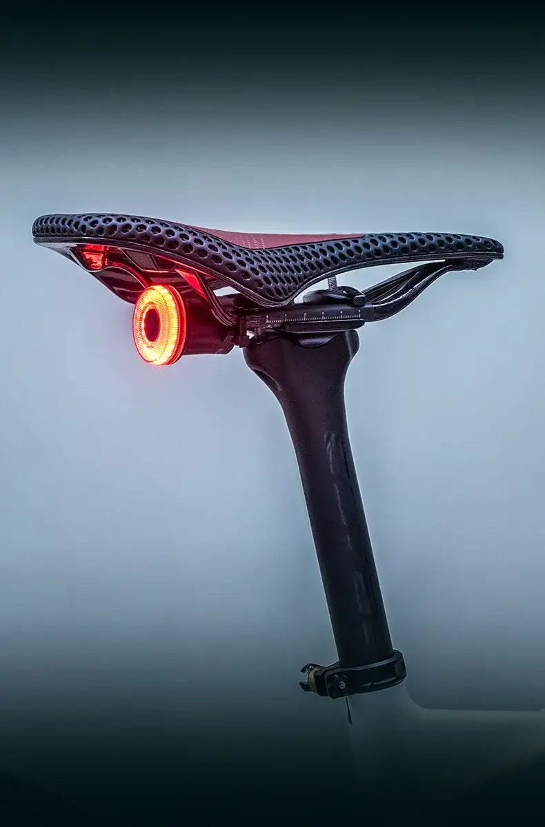 Smart Bike Tail Light – USB-C Rechargeable LED Rear Bicycle Light | IPX6 Waterproof Safety Light for Night Riding & Cycling mounted on bike seat.