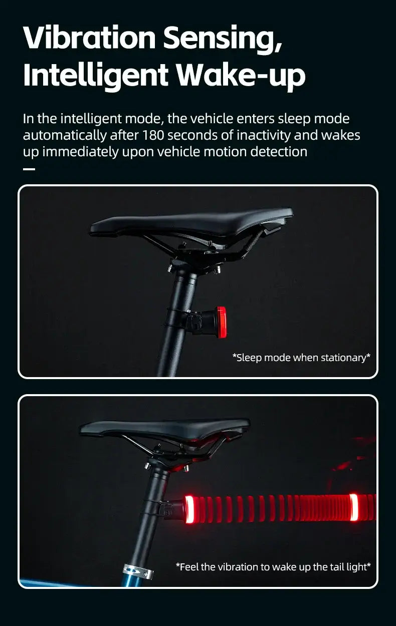 Smart Bike Tail Light – USB-C Rechargeable LED Rear Bicycle Light | IPX6 Waterproof Safety Light for Night Riding & Cycling features vibration sensing.