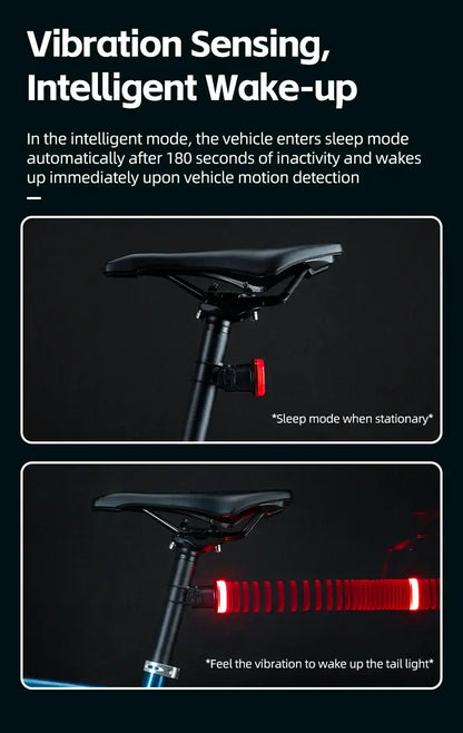 Smart Bike Tail Light – USB-C Rechargeable LED Rear Bicycle Light | IPX6 Waterproof Safety Light for Night Riding & Cycling features vibration sensing.