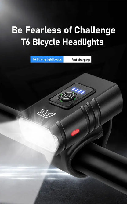 Bike Light T6 LED Rechargeable Bicycle Headlight – Type-C USB, Waterproof MTB Front Lamp, Powerful Night Cycling Flashlight