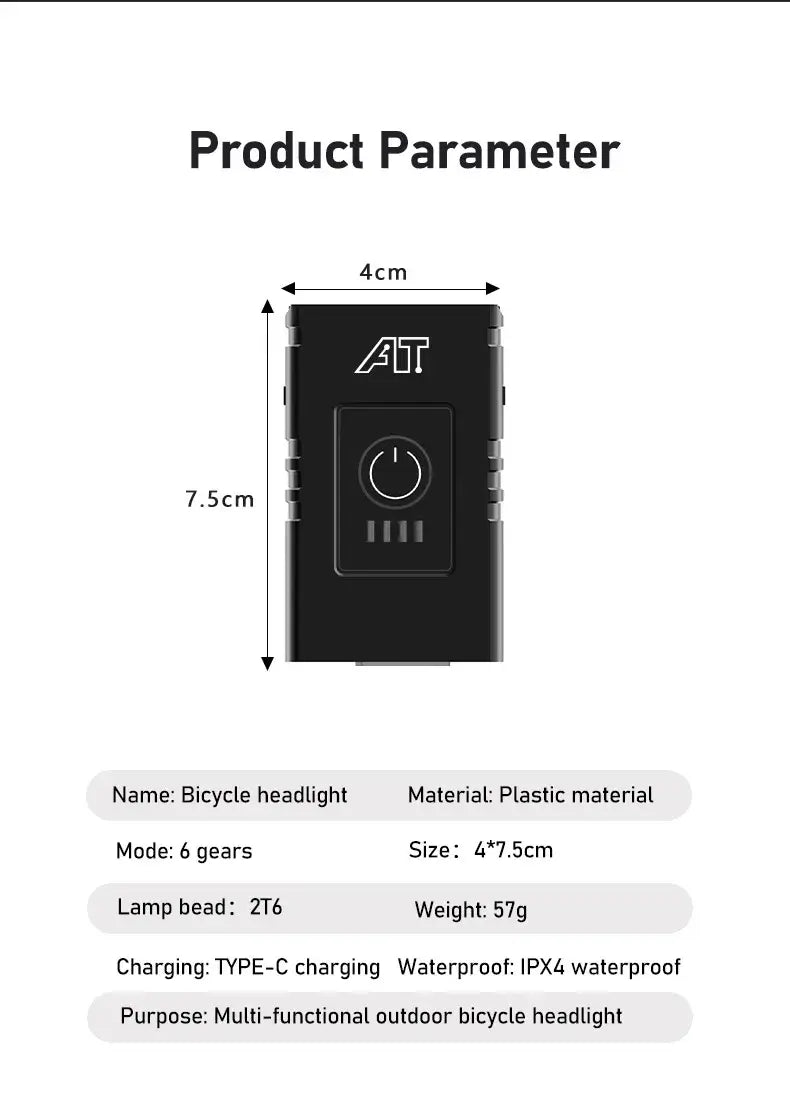 Bike Light T6 LED Rechargeable Bicycle Headlight – Type-C USB, Waterproof MTB Front Lamp, Powerful Night Cycling Flashlight