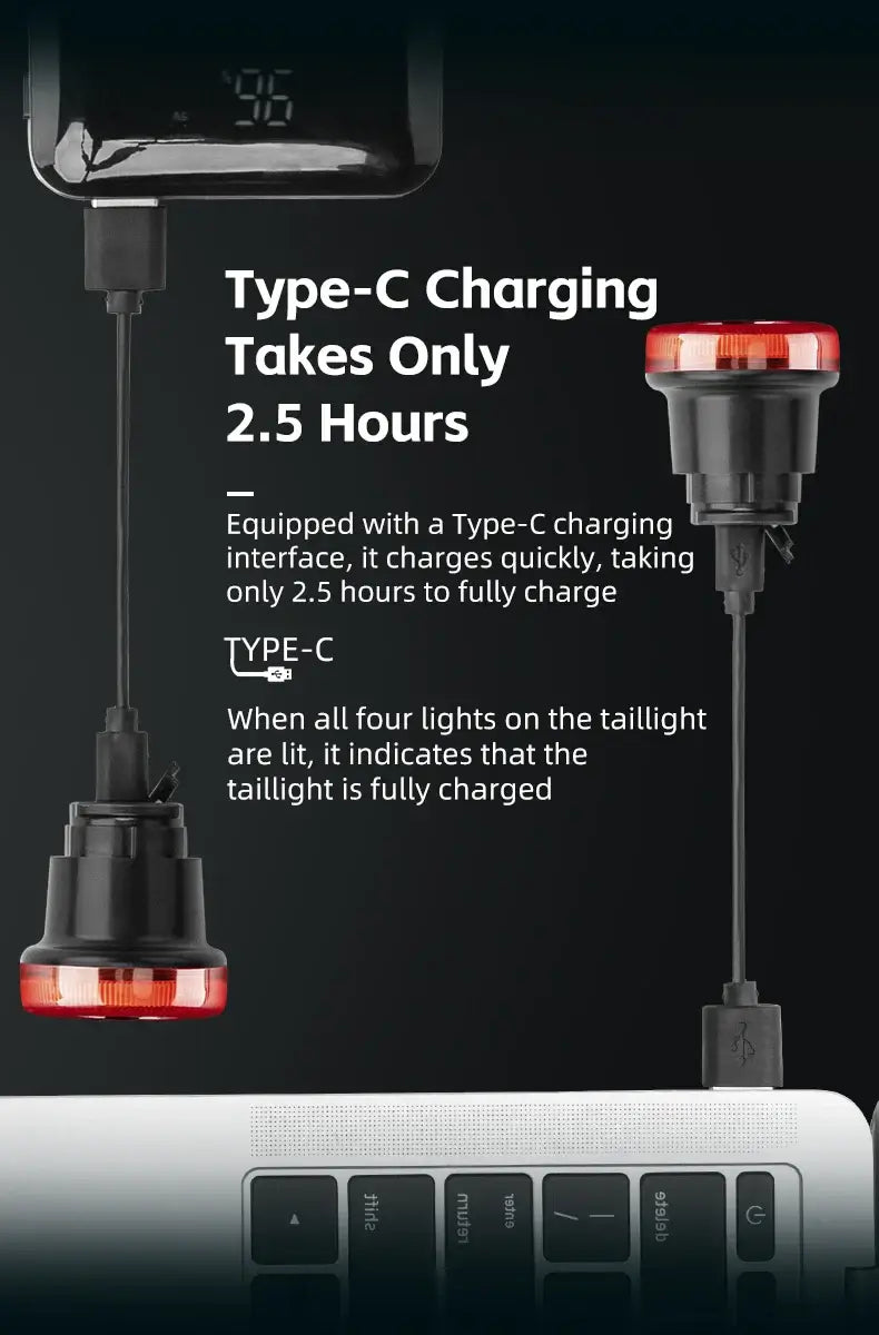 Smart Bike Tail Light – USB-C Rechargeable LED Rear Bicycle Light | IPX6 Waterproof Safety Light for Night Riding & Cycling