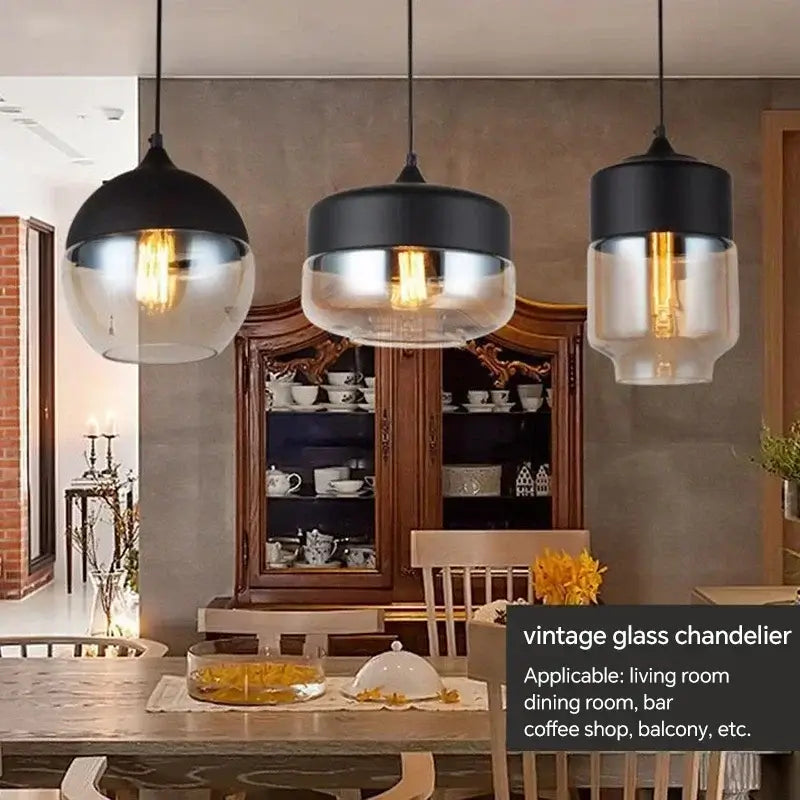 Modern vintage glass chandeliers in a stylish dining room setting, perfect for home and cafe decor.