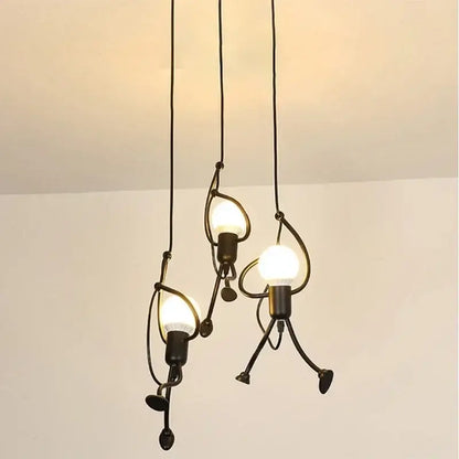 vintage industrial chandelier with unique modern art design featuring three hanging lights in black iron finish